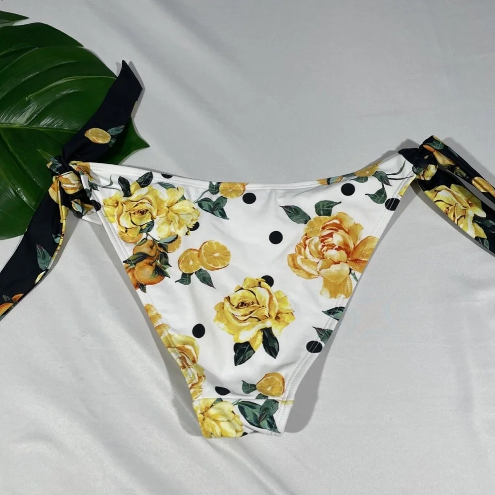 NEW‎ River Island [ 6 US ] Floral Lemon Blocked Tie Side Bikini Bottom White